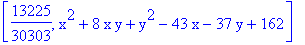 [13225/30303, x^2+8*x*y+y^2-43*x-37*y+162]